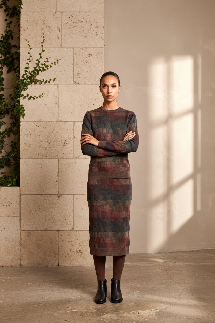 A model wearing a matching long-sleeve knit sweater and pencil skirt in earthy tones.