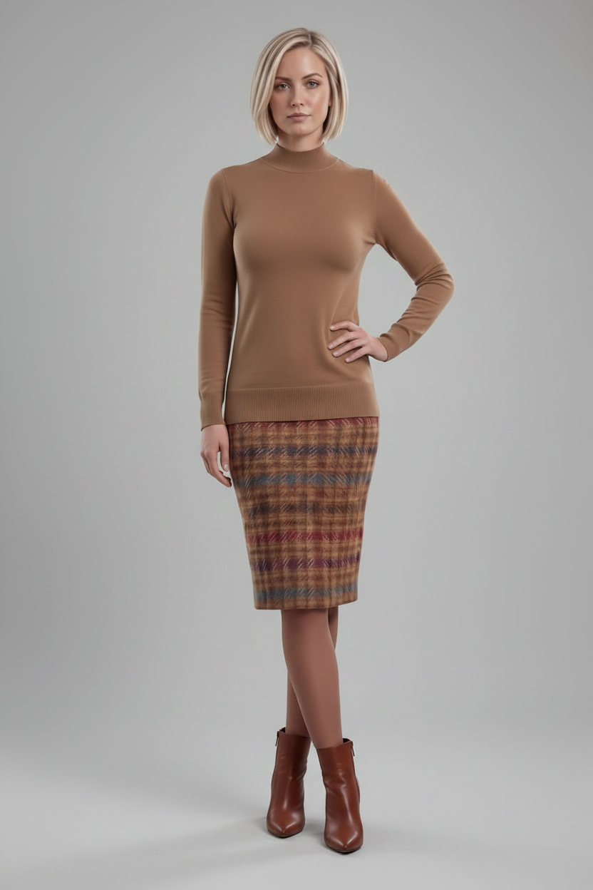A woman modeling a fitted tan mock-neck long-sleeve sweater paired with a brown, red, and blue plaid pencil skirt, shown against a plain white background.