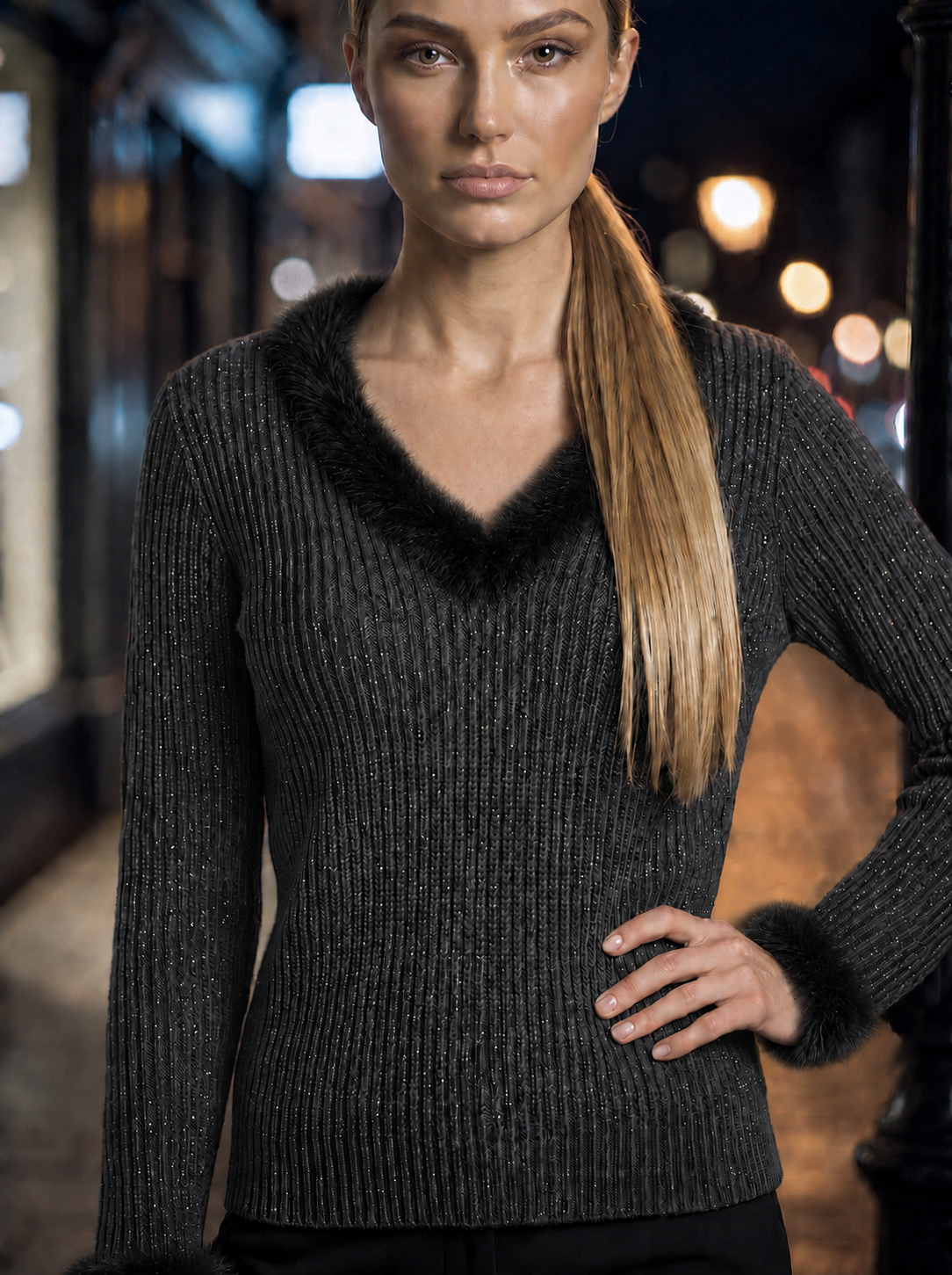 DRESSY SWEATER WITH FUR TRIM