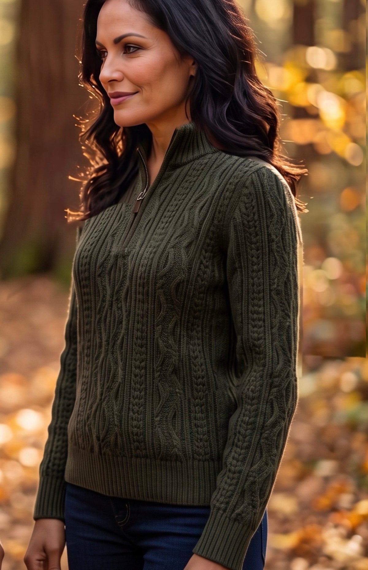 MODEL WEARING MERINO WOOL OLIVE FISHERMAN SWEATER