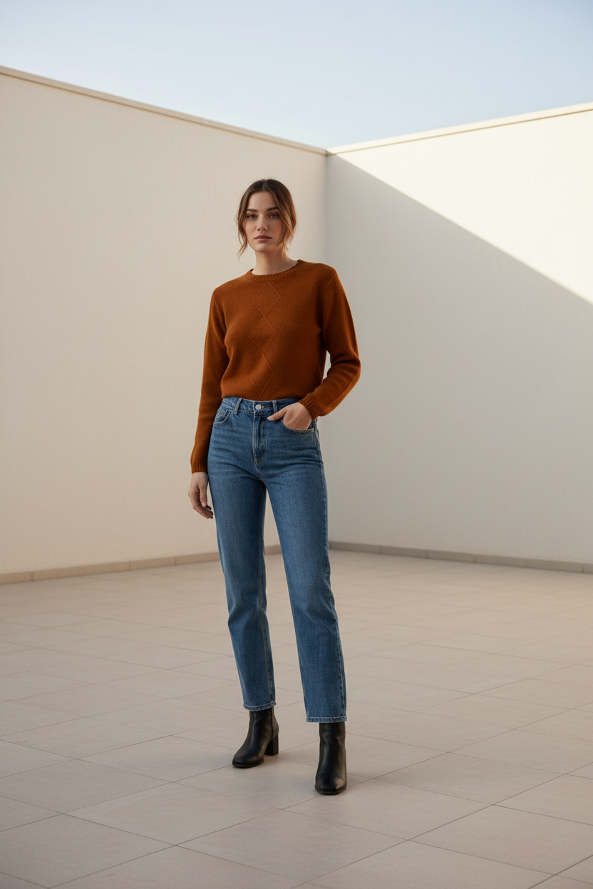 A woman stands in a minimalist outdoor setting with beige walls and tiled flooring, wearing a rust-brown long-sleeve knit sweater, blue straight-leg jeans, and black ankle boots.