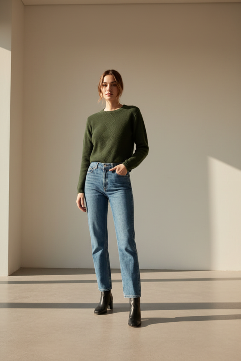 A woman modeling a Caper long-sleeve knit sweater and blue jeans with black ankle boots, standing against a light gray studio background.