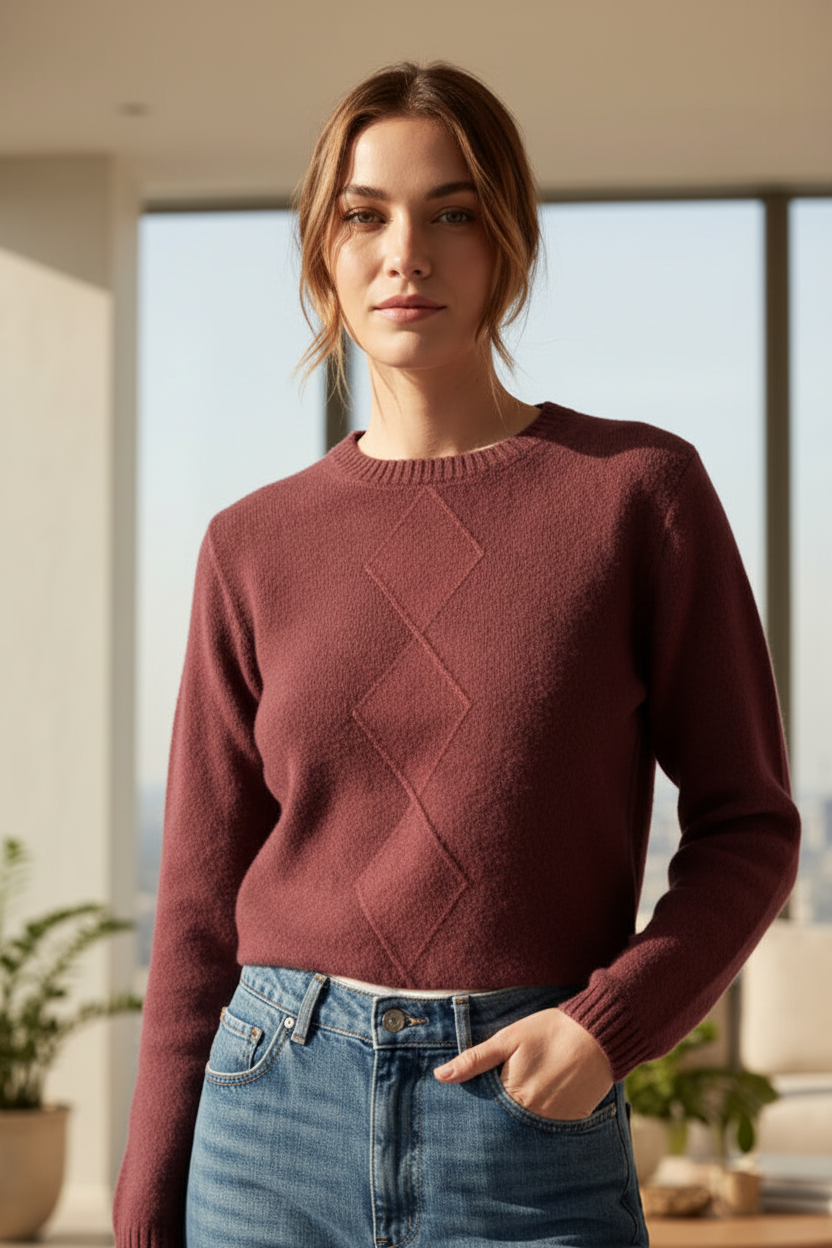 A woman wearing a ribbed crewneck sweater in a dusty rose-brown color with a diamond-knit pattern on the chest, paired with blue jeans, standing in a brightly lit modern room.