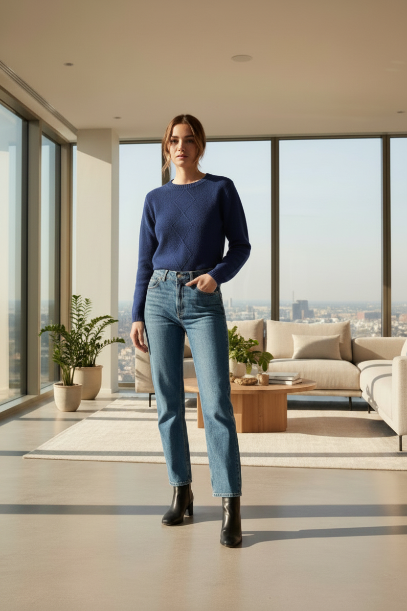 A woman stands in a modern living room wearing a indigo textured knit sweater, blue straight-leg jeans, and black ankle boots.