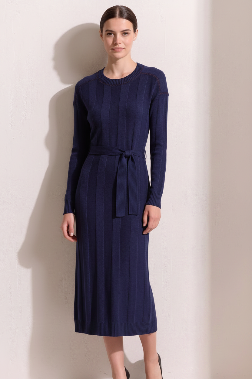 A woman modeling a ribbed knit midi dress in a deep burgundy color, featuring long sleeves, a crew neck, and a matching fabric tie belt at the waist, set against a plain off-white wall.