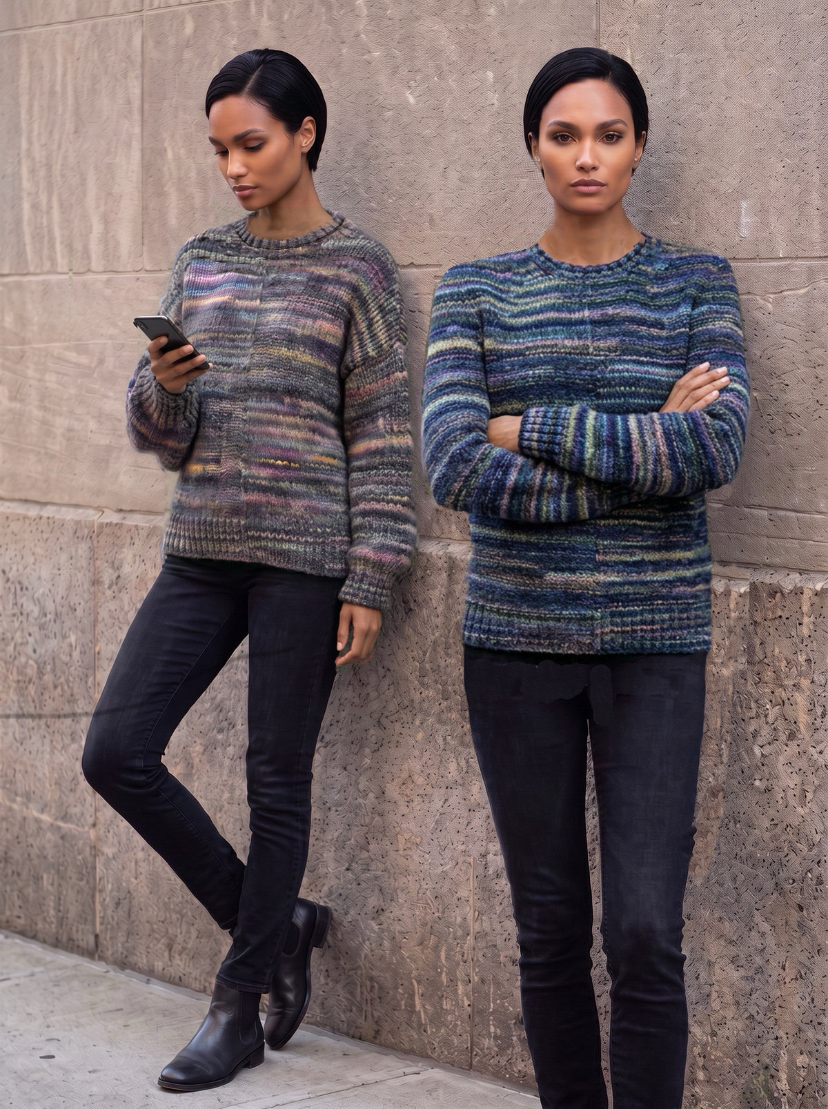 Two women standing against a stone wall wearing textured, multicolored knit crewneck sweaters and black pants.