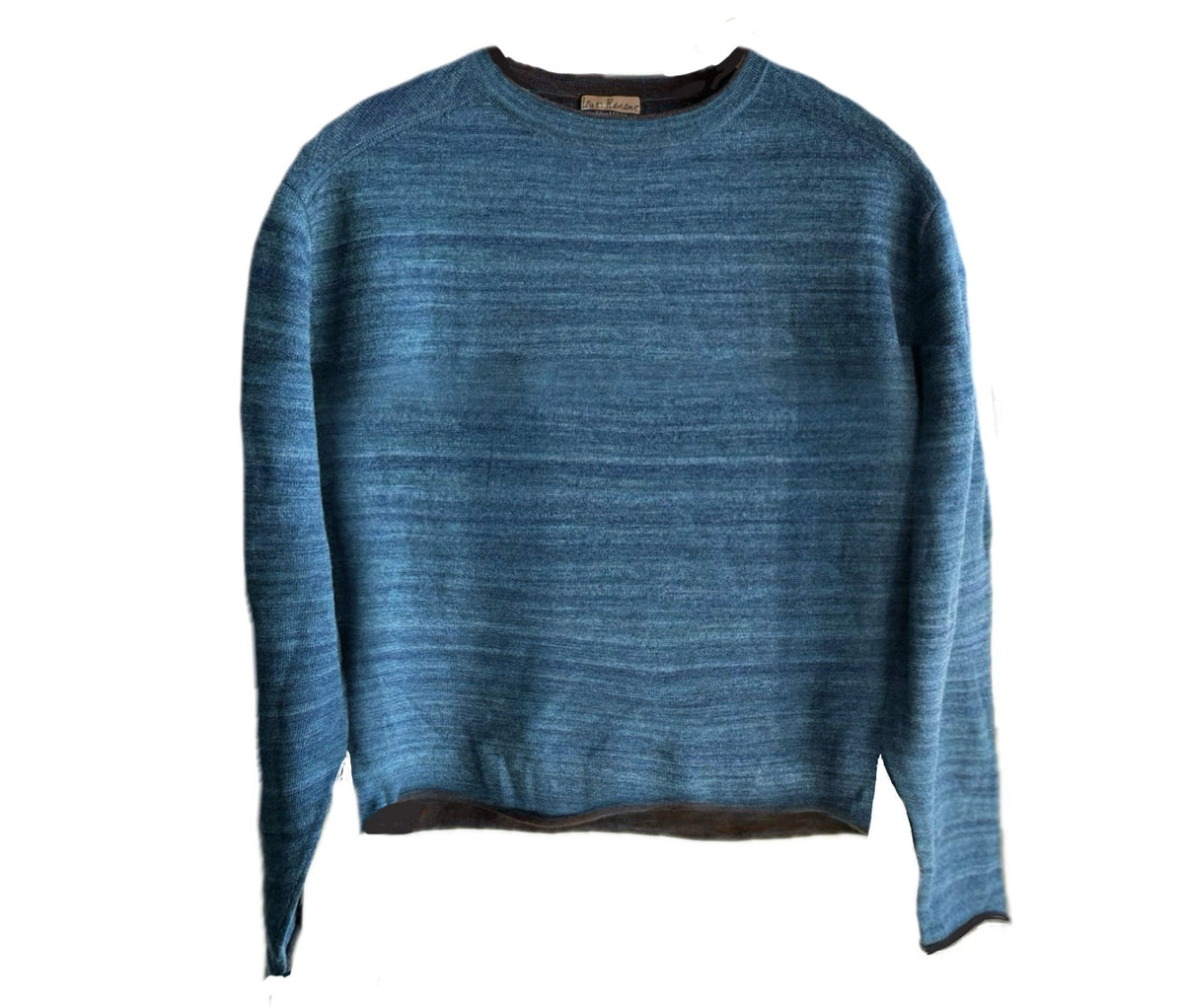 A blue textured knit crewneck sweater with long sleeves, displayed flat against a plain white background.