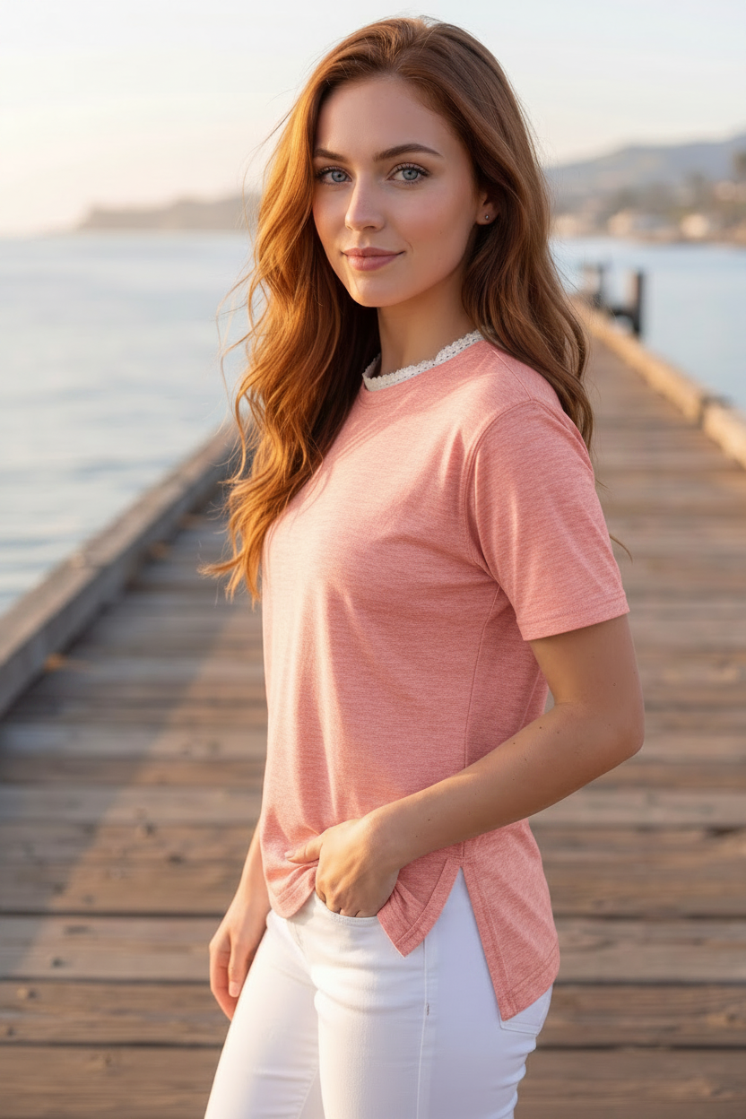 A woman wearing a heathered pink short-sleeve top with a white lace-trimmed crew neck and white pants.