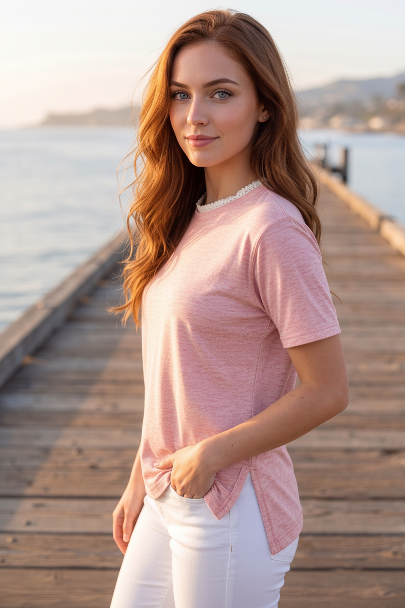 A woman wearing a light pink short-sleeve top with a white lace-trimmed neckline and white pants.