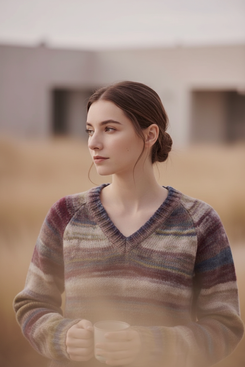 A woman in a cozy, multicolored striped knit sweater stands outdoors in a soft-focus field, holding a mug. The sweater features a blend of muted colors including beige, brown, purple, and blue.