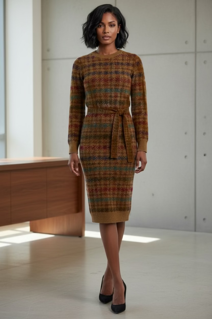 A woman stands in a bright office wearing a long-sleeve knit tie-waist dress with a multicolor Autumn plaid pattern. She is positioned behind a wooden desk with a laptop, with large windows and city buildings visible in the background.