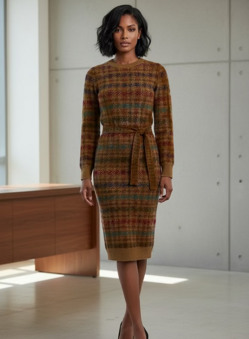 A woman stands in a bright office wearing a long-sleeve knit tie-waist dress with a multicolor Autumn plaid pattern. She is positioned behind a wooden desk with a laptop, with large windows and city buildings visible in the background.
